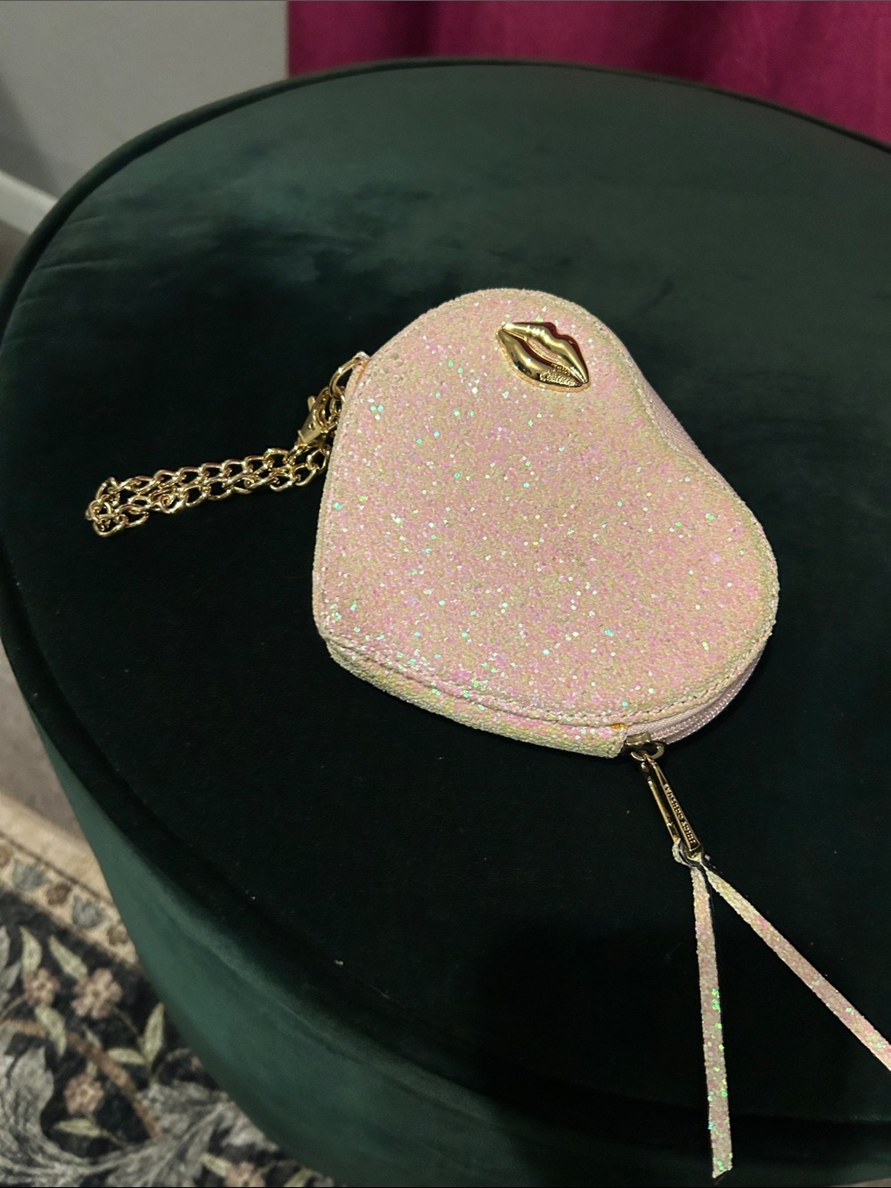Juicy Couture Pink Glitter Heart-Shaped Mini Crossbody with Gold Lip Detail